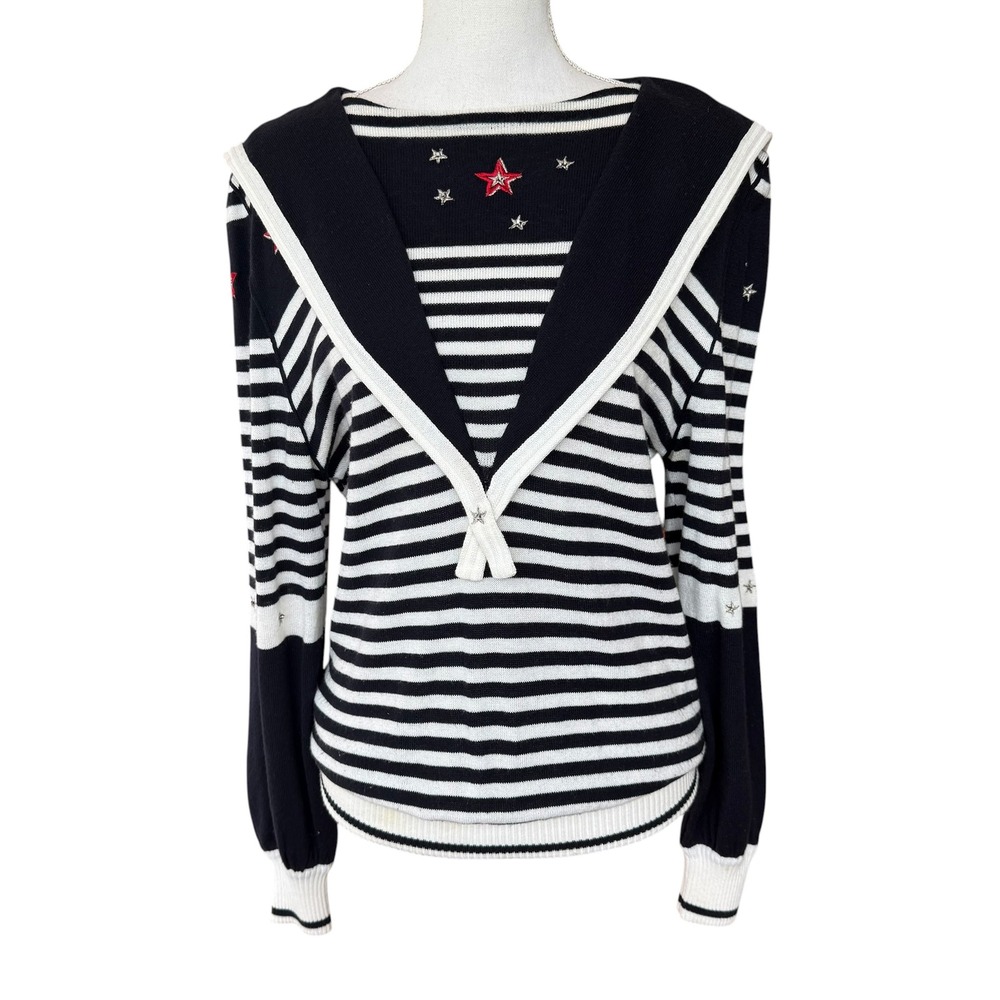 Della-Knit Vintage Sailor Collar Striped Star Sweater Navy White Small